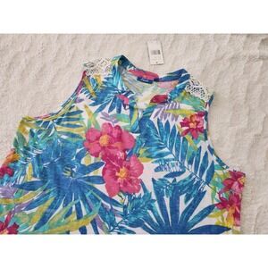 Fresh Women's Plus Size 2X Sleeveless Tropical Floral Top Crochet Lace Trim NWT